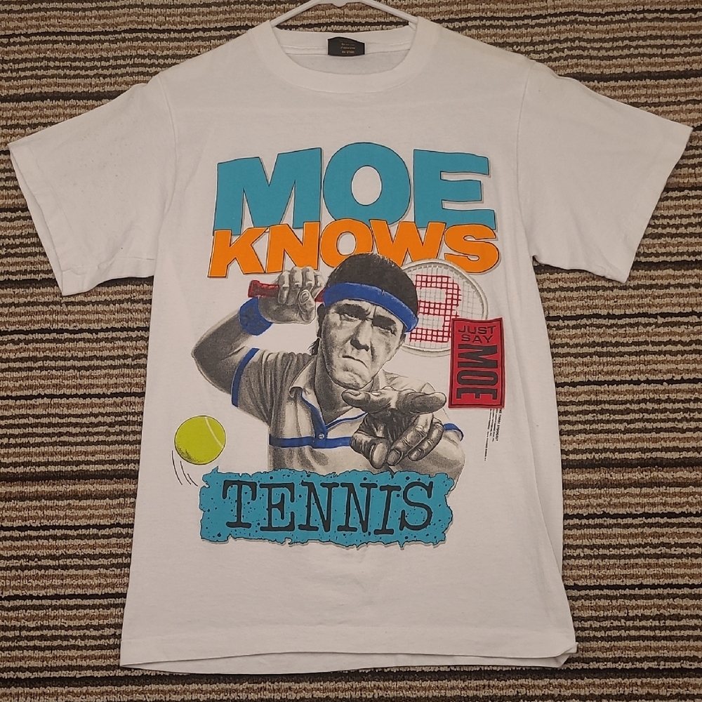 MOE KNOWS‎ Tennis Changes Three Stooges White Single Stitch T Shirt Sz M VTG 90s